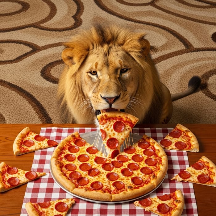 Majestic Lion Eating Pepperoni Pizza on Table Majestic Lion Eating Pepperoni Pizza on Table