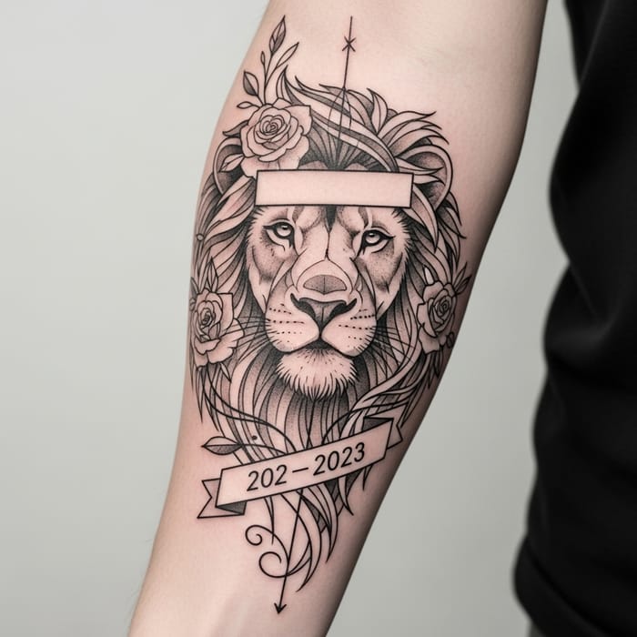 Minimalistic Lion Forearm Tattoo with Date and Roses Minimalistic Lion Forearm Tattoo with Date and Roses