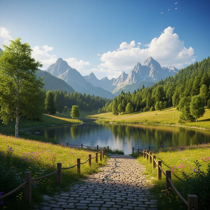 Idyllic Landscape Scene with Forest, Lake, and Mountains