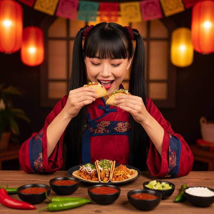 Hu Tao Enjoying Tacos in East Asian-Mexican Fusion