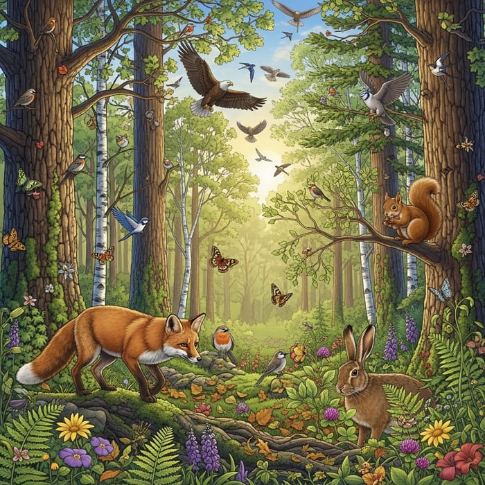 Enchanting Forest Scene with Animals, Birds, and Flora