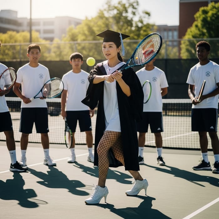 Asian Woman in Graduation Gown and High Heels Teaching Tennis