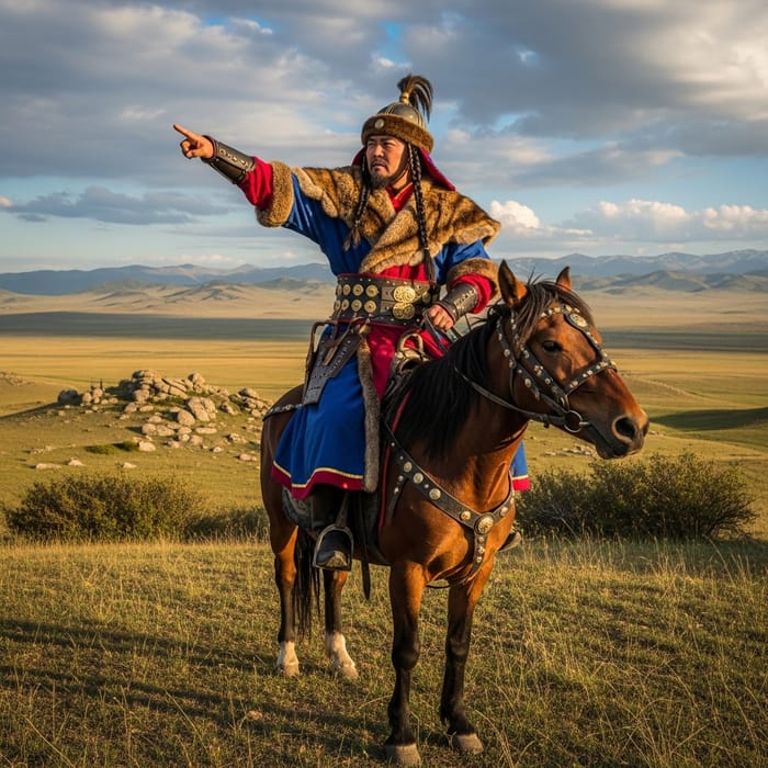 Genghis Khan Portrayed in Traditional Mongolian Attire on Horseback