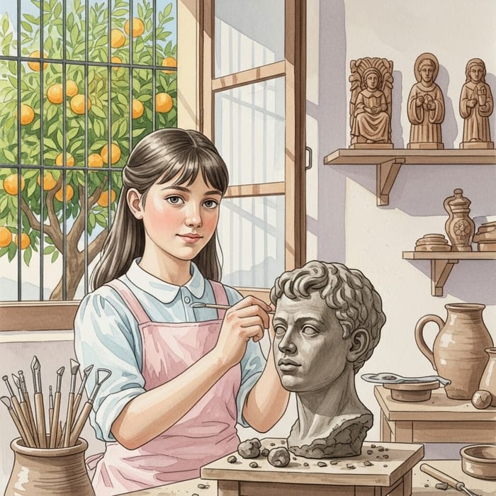 Andalusian Watercolor Scene: Girl Sculpting Clay Bust in Andalusia Andalusian Watercolor Scene: Girl Sculpting Clay Bust in Andalusia