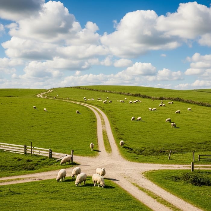 Tranquil Meadow Landscape: Grazing Sheep & Road Cross Tranquil Meadow Landscape: Grazing Sheep & Road Cross
