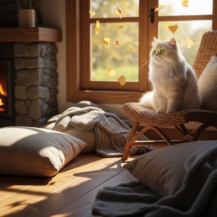 Beautiful Cream Persian Cat Admiring Autumn Scenery Beautiful Cream Persian Cat Admiring Autumn Scenery