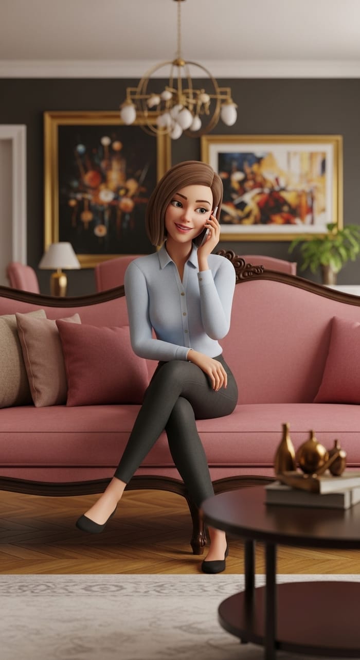 Sophisticated Wife in Elegant Drawing Room - Modern 3D Animation