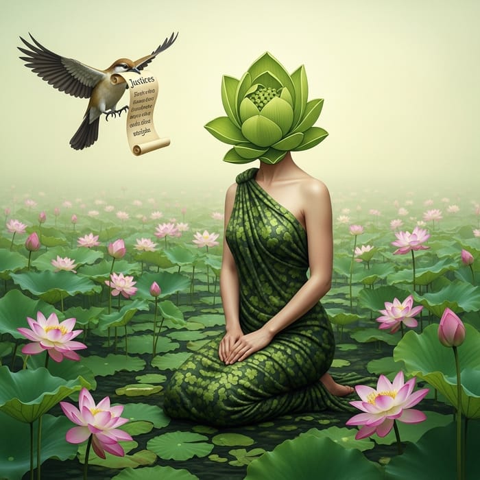Mythical Lotus Lady in Green Dress with Justice Bird