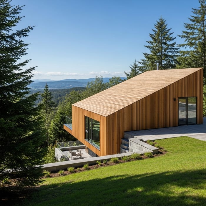 Modern Cedarwood Hotel Residence with Stepped Roof and Fir Trees in Beautiful Landscape Modern Cedarwood Hotel Residence with Stepped Roof and Fir Trees in Beautiful Landscape