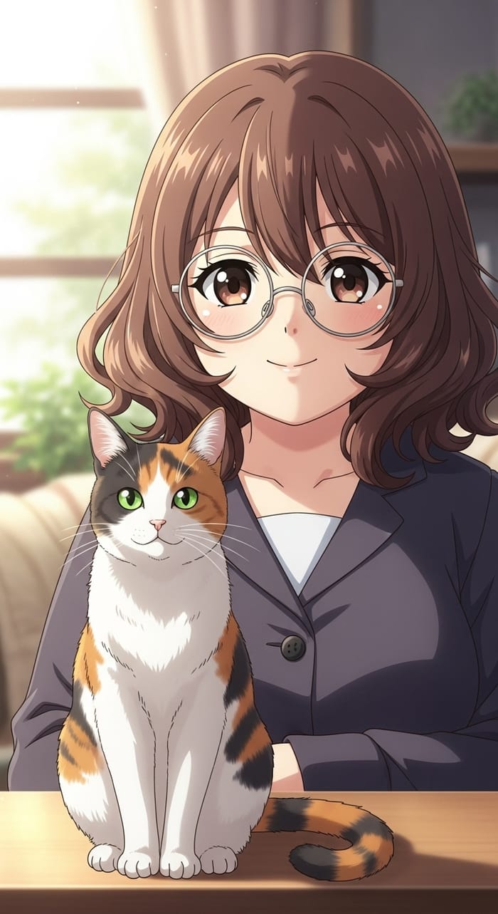 Chubby Anime Brunette with Wavy Hair, Big Glasses & Calico Cat Chubby Anime Brunette with Wavy Hair, Big Glasses & Calico Cat
