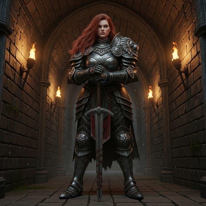 Red-Haired Woman in Armour | Powerful Pose in Dimly Lit Hallway
