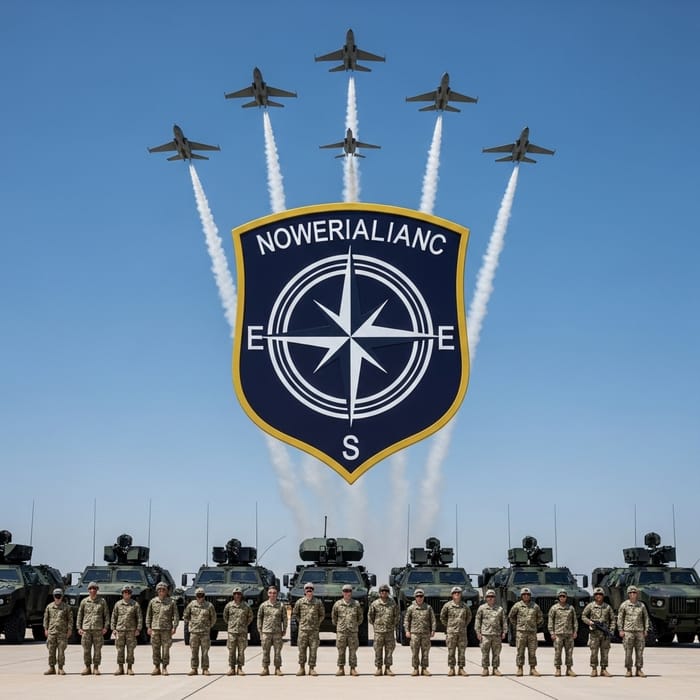 NATO Military Emblem with Soldiers, Vehicles, and Jets NATO Military Emblem with Soldiers, Vehicles, and Jets