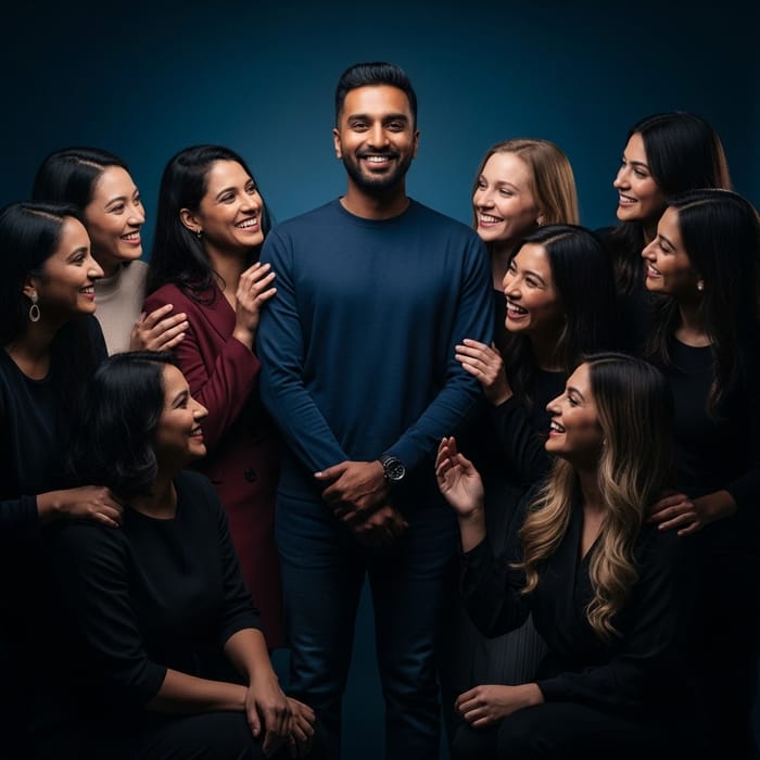 Smiling Man Surrounded by Women, Blue Background, Studio Lighting