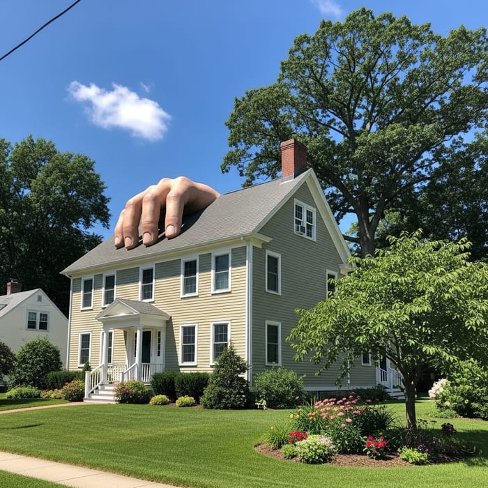 Whimsical Colonial House with Surreal Hand Design