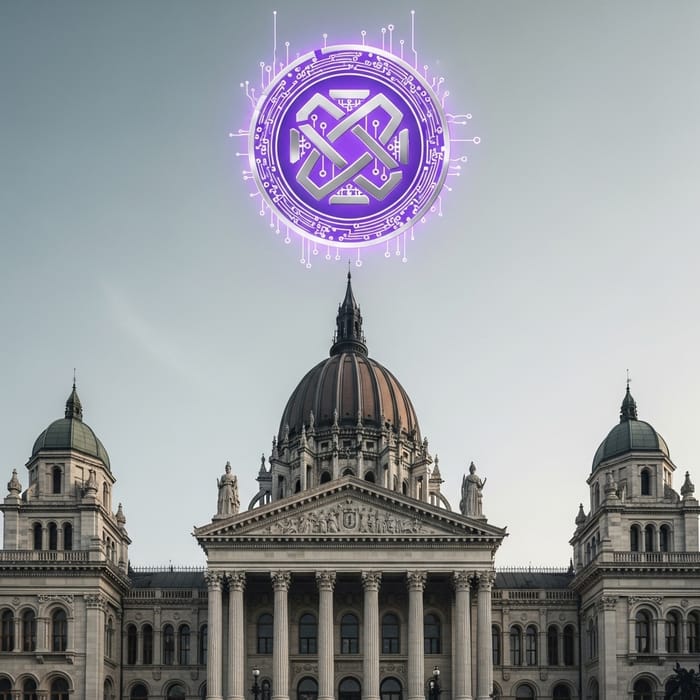 Parliament Architecture with Violet and Silver Crypto Token Emblem Parliament Architecture with Violet and Silver Crypto Token Emblem