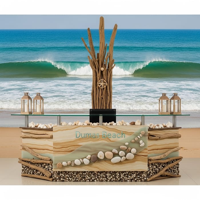 Beach-Themed Reception Desk Design | Driftwood & Sandstone Beach-Themed Reception Desk Design | Driftwood & Sandstone