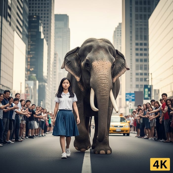 Asian Girl Walking with Elephant in Busy City, Ultra Realistic 4K Asian Girl Walking with Elephant in Busy City, Ultra Realistic 4K