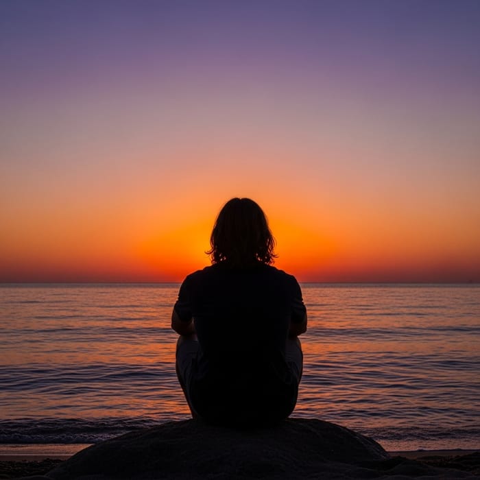 Man Sitting by the Calm Sea at Sunset Man Sitting by the Calm Sea at Sunset