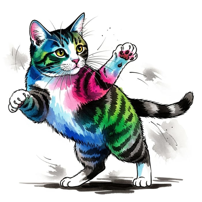 Playful Domestic Cat Watercolor Painting: Japanese Ink Wash Technique