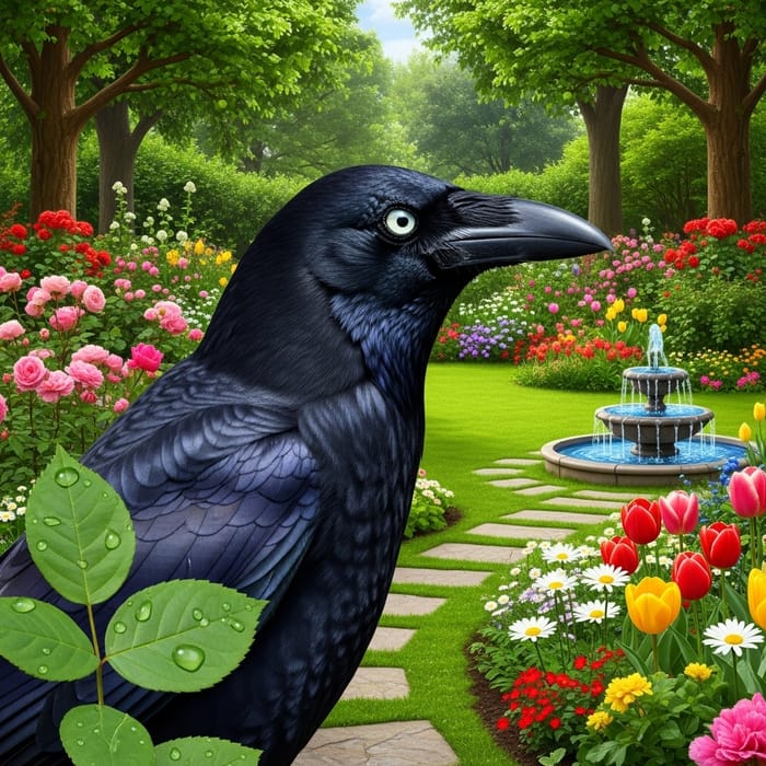 Thirsty Crow in Lush Garden Thirsty Crow in Lush Garden
