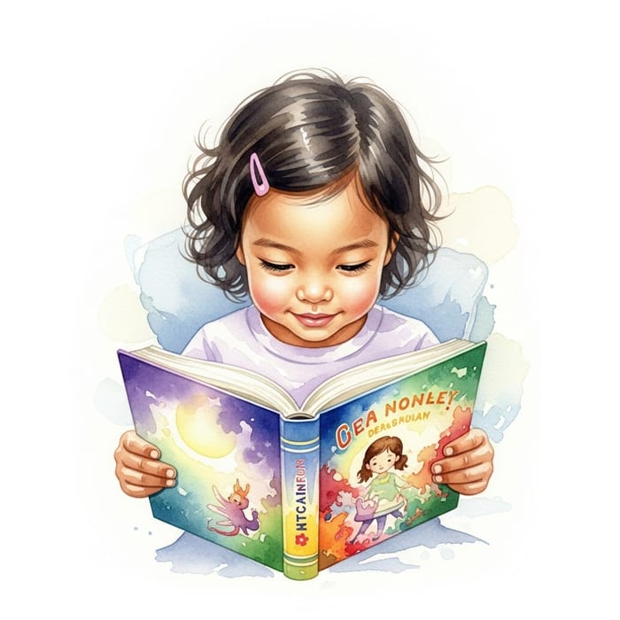 Innocent Child Delved in Enchanting Book | Tranquil Aquarelle Art Innocent Child Delved in Enchanting Book | Tranquil Aquarelle Art