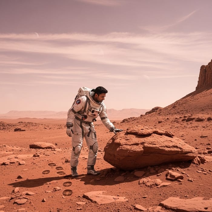 Man Exploring Mars in Futuristic Space Suit Man Exploring Mars in Futuristic Space Suit