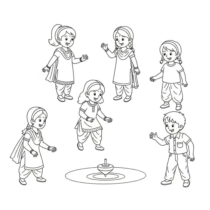 Indian Kids Playing Spinning Top | Nostalgic White Background Art