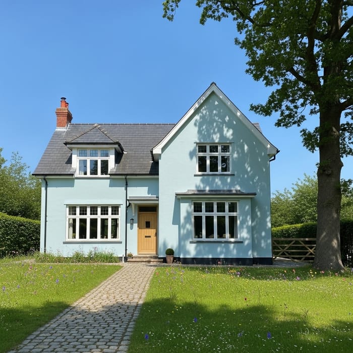 Quaint Two-Story Blue House with Gable Roof and Oak Tree | Serene Home Scene