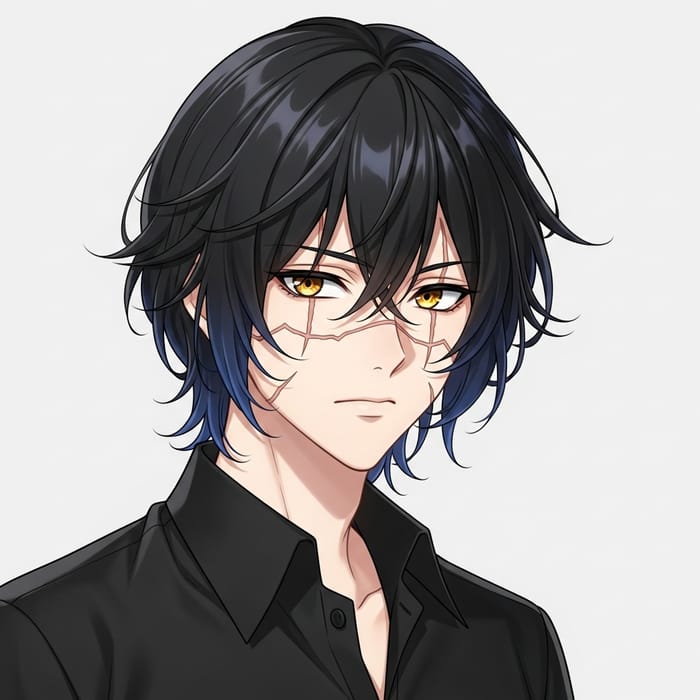 Young Anime Character with Wavy Black & Blue Hair | Scar & Golden Eyes