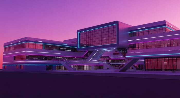 Futuristic School Building | Vibrant Neon Architecture at Sunset Futuristic School Building | Vibrant Neon Architecture at Sunset