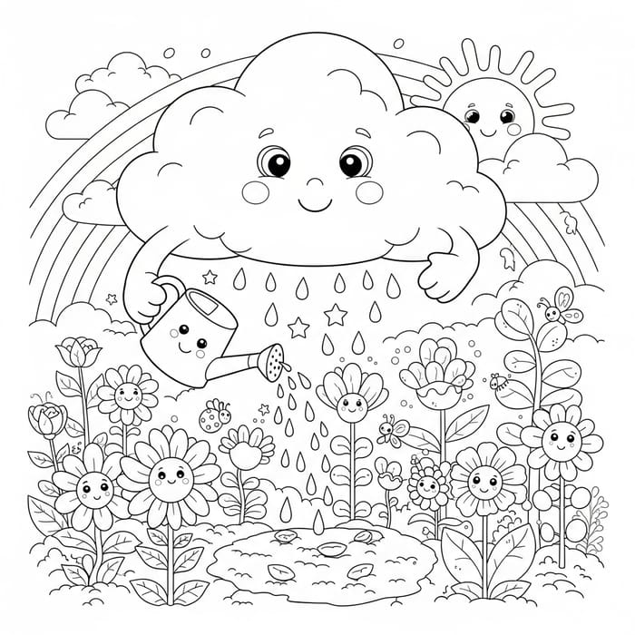 Enchanting Cloud Coloring Page: Planting Garden for Children