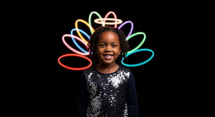 Smiling Little Girl with Colorful Halos in the Dark