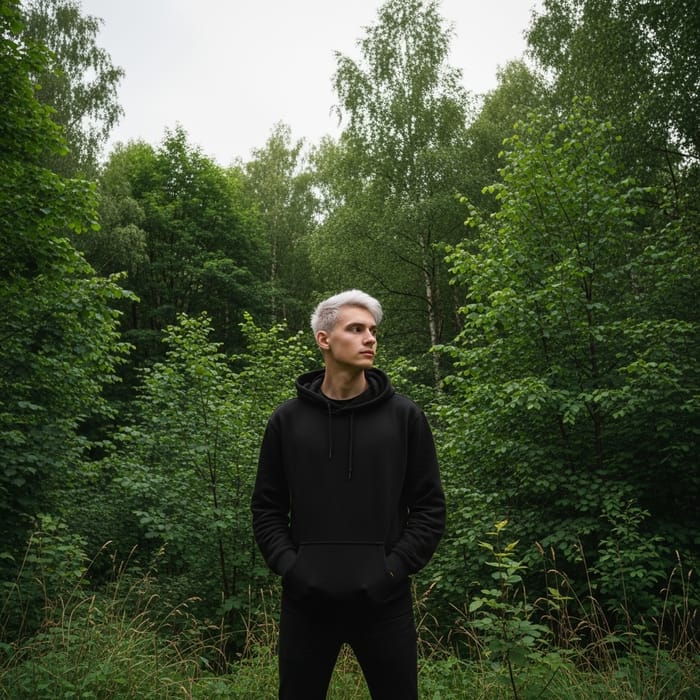 Relaxed White-haired Man in Black Hoodie by Lush Forest Relaxed White-haired Man in Black Hoodie by Lush Forest
