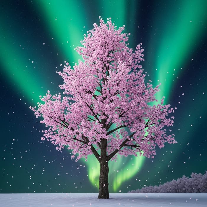 Cherry Blossom Tree with Aurora Borealis Scenery