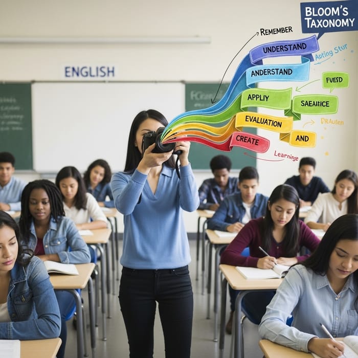 English Teacher Taking Photo with Blooms Taxonomy in Multicultural Classroom English Teacher Taking Photo with Blooms Taxonomy in Multicultural Classroom