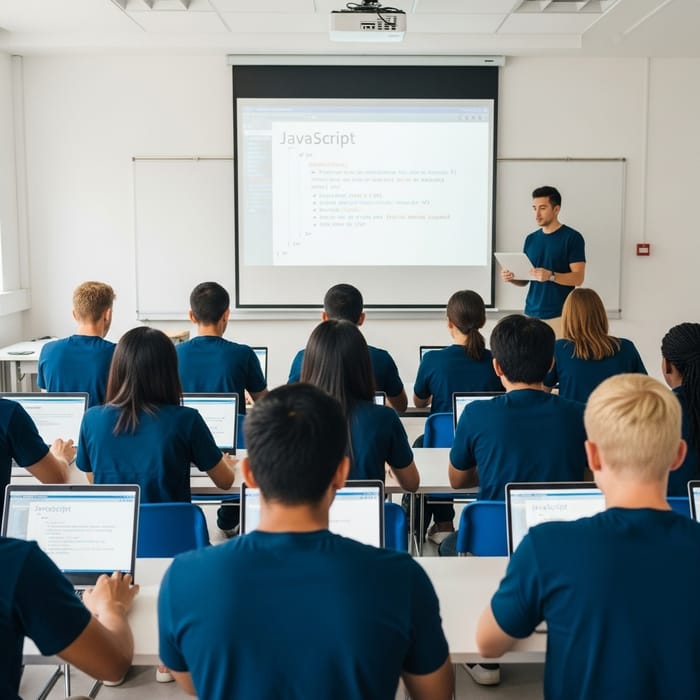 Innovative JavaScript Class with Laptop-Wielding Students