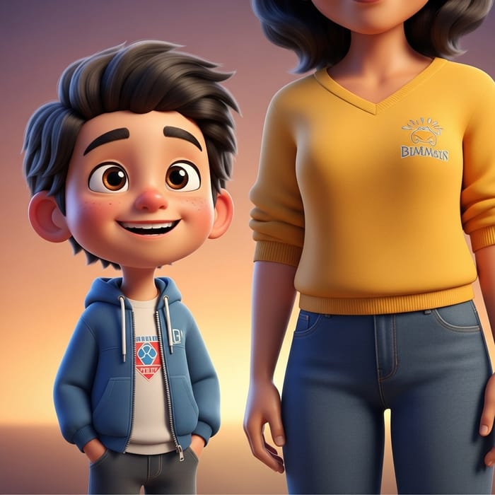 Hispanic Young Cartoon Boy Smiling with Parent - 3D Animation Style