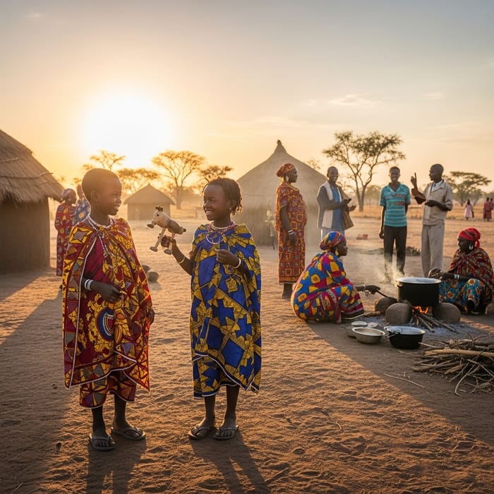 African Village Scene with Two Children Playing at Sunset