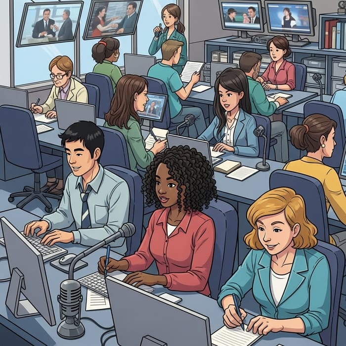 Smiling Journalist Working - Vibrant Newsroom Professionalism Smiling Journalist Working - Vibrant Newsroom Professionalism