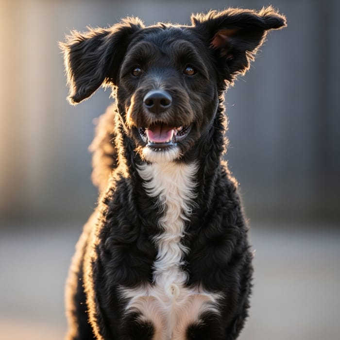 Black Dog with White Triangle Chest and Curly Fur Black Dog with White Triangle Chest and Curly Fur