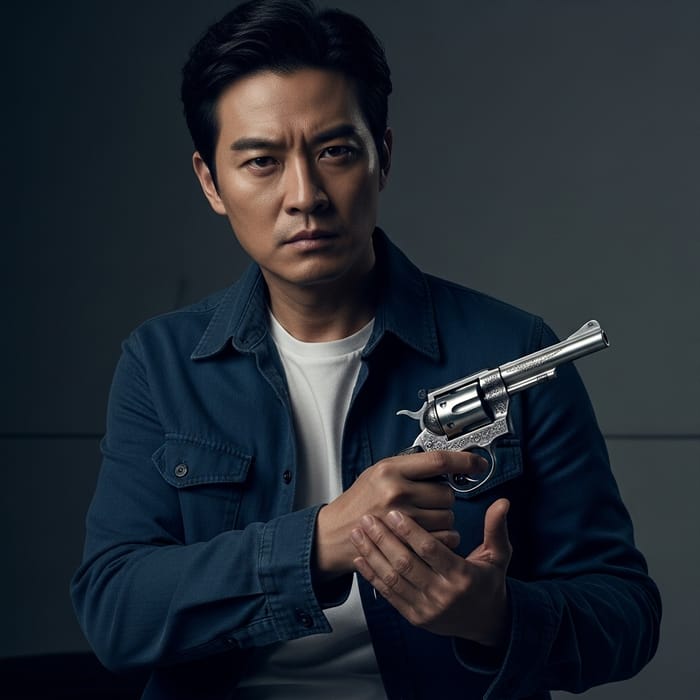 Mysterious East Asian Man Holding Vintage Gun Mysterious East Asian Man Holding Vintage Gun