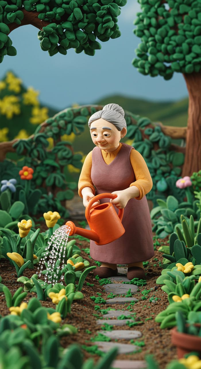 Elderly Woman Watering Plants in Claymation Garden