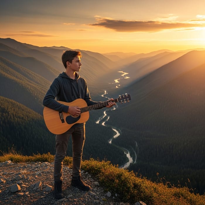 Young Boy Playing Guitar with Breathtaking Mountain View