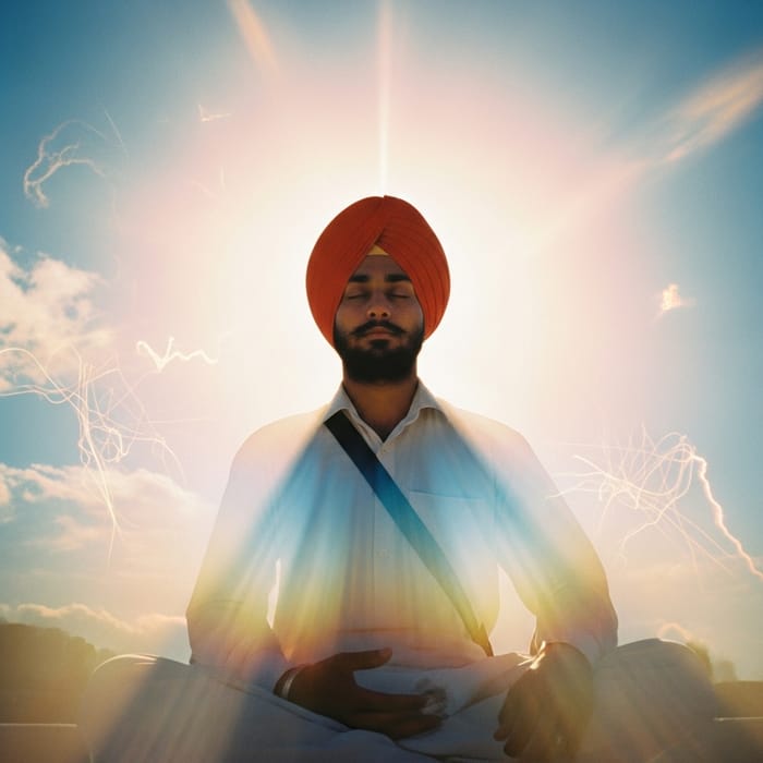 Sikh Man in Red Turban Meditating in Celestial Light Sikh Man in Red Turban Meditating in Celestial Light