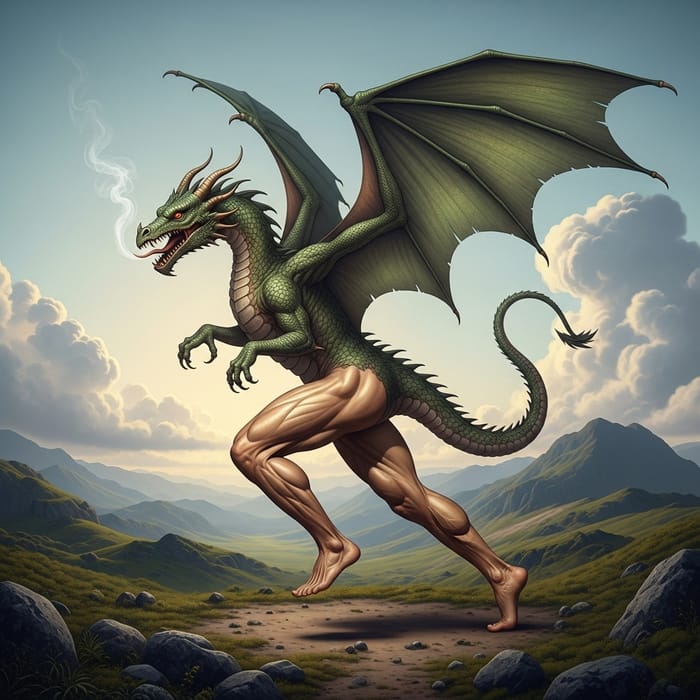 Dragon with Human Legs - Mysterious Creature in Fantasy Scene Dragon with Human Legs - Mysterious Creature in Fantasy Scene