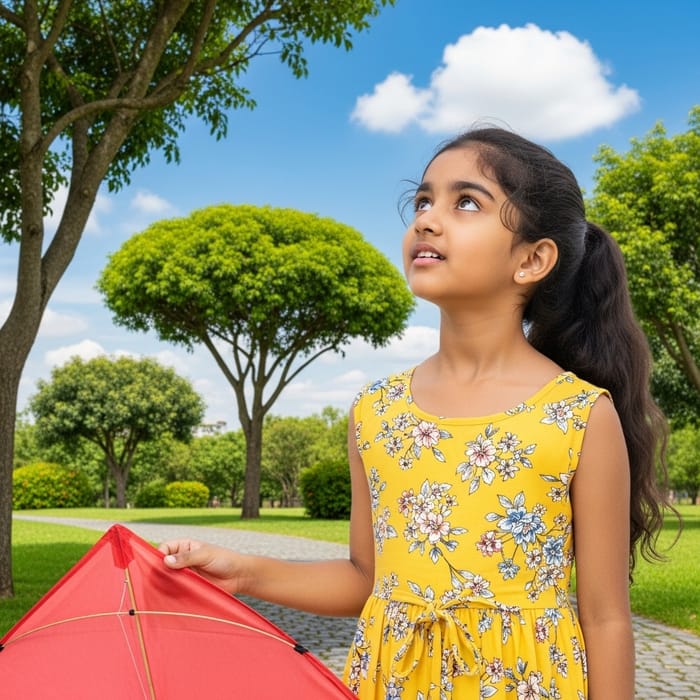 Adorable South Asian Girl Flying a Red Kite
