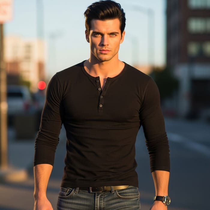 Confident Tall Caucasian Man with Green Eyes and Black Hair
