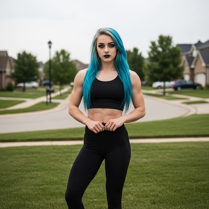 Gothic Teen Girl with Long Hair and Striking Style in Suburban Neighborhood Gothic Teen Girl with Long Hair and Striking Style in Suburban Neighborhood
