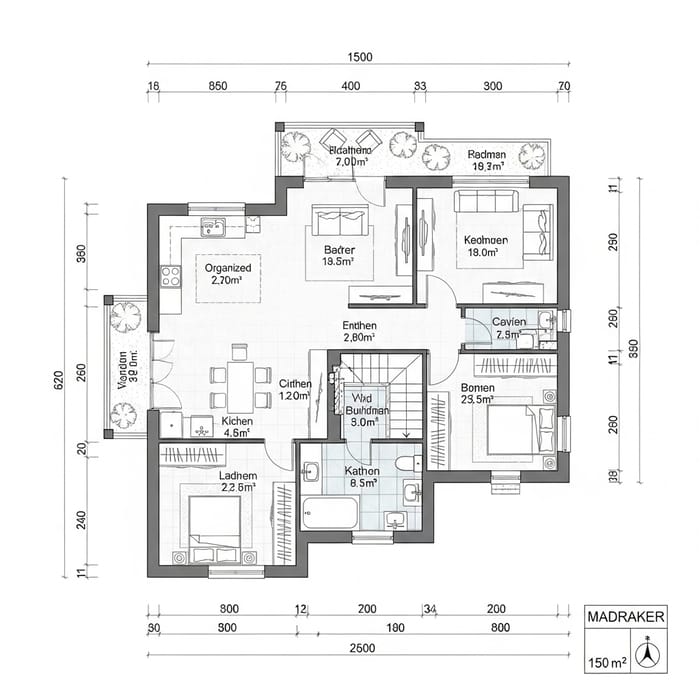 Detailed Blueprint of 150 Sqm Residential House | Room Divisions & Measurements Detailed Blueprint of 150 Sqm Residential House | Room Divisions & Measurements