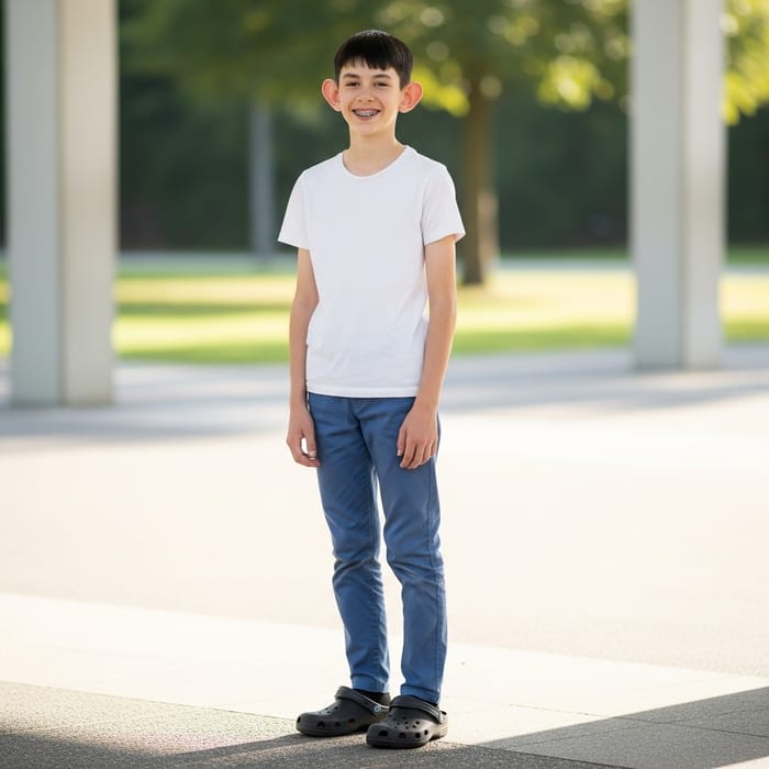13-Year-Old Caucasian Boy with Braces, Big Ears, and Black Crocs 13-Year-Old Caucasian Boy with Braces, Big Ears, and Black Crocs